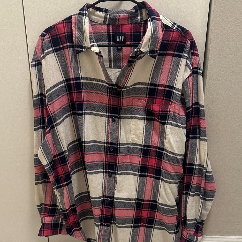 GAP Women's Casual Plaid Shirt - Pink, Navy, and Cream